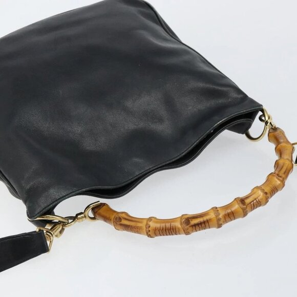 GUCCI Bamboo Hand Bag Leather 2way Black Gold - Picture 6 of 16